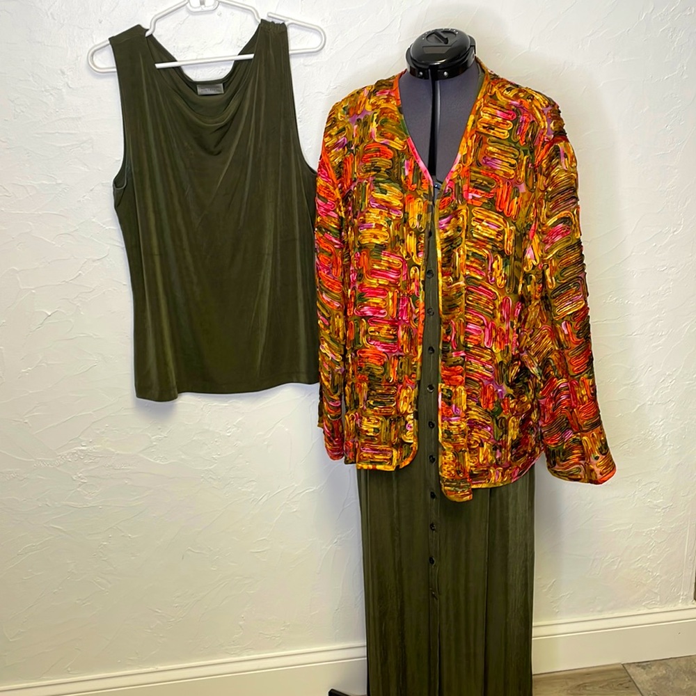 Chico’s Travelers 3pc set- Jacket, Olive Dress, and Olive Tank-top